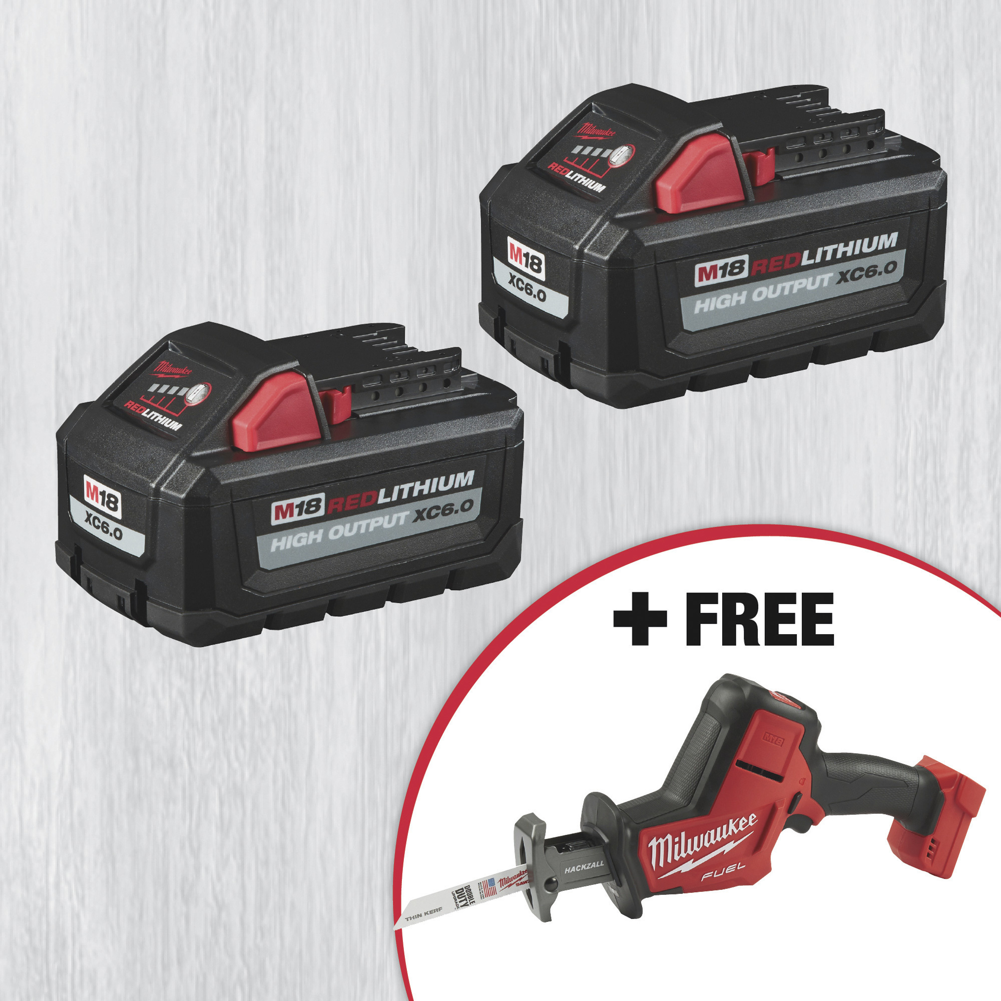 SPECIAL BUY! Milwaukee M18 REDLITHIUM High Output(tm) XC6.0 Battery 2-Pack with FREE M18 FUEL(tm) Hackzall Reciprocating Saw, Model# 48-11-1862CSE22P2